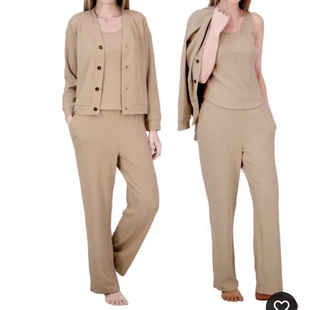 Live2Lounge Women's 3 Piece Textured Cable Knit Lounge Set Tan Small NEW